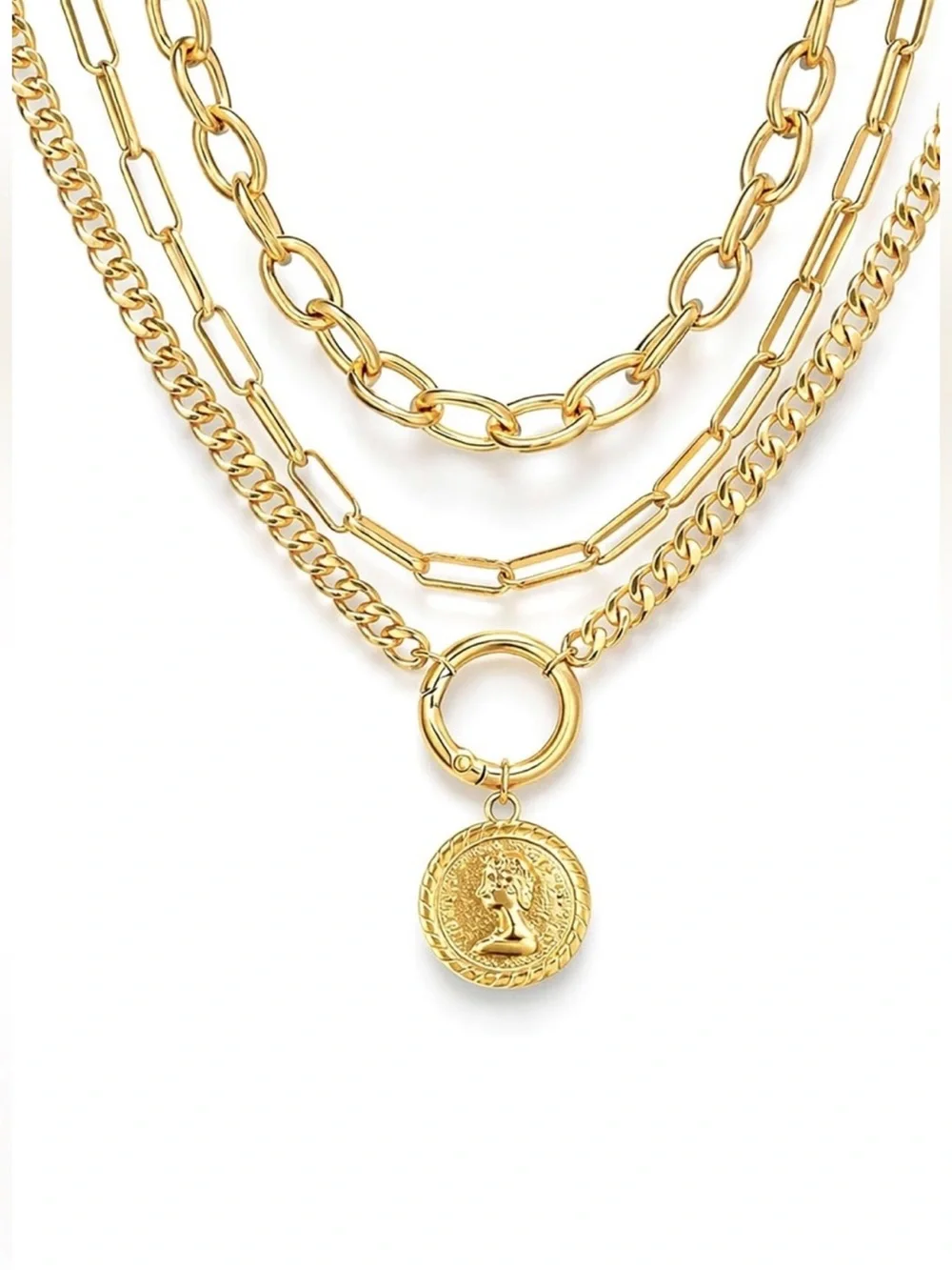New 24k Gold Plated Layered Coin Pendant Necklace